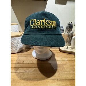 Clarkson University Hat Adjustable Snapback Green Corduroy Vintage 80s Spell Out